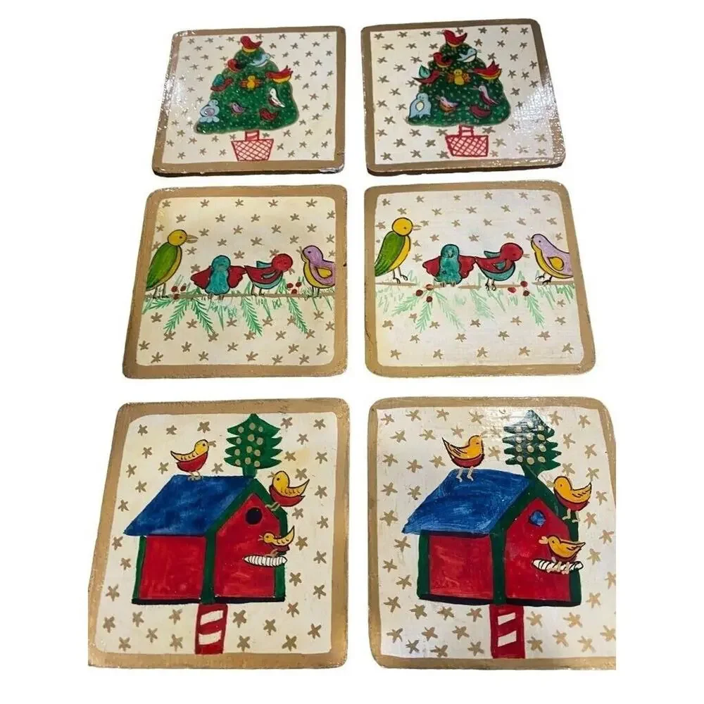 Foreside Painted Christmas Coasters Wooden Glossy Glaze With Box
